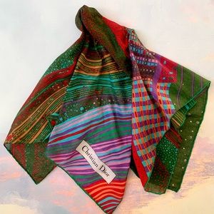 CHRISTIAN DIOR Vintage Graphic Green Purple Red Cotton Scarf 26”